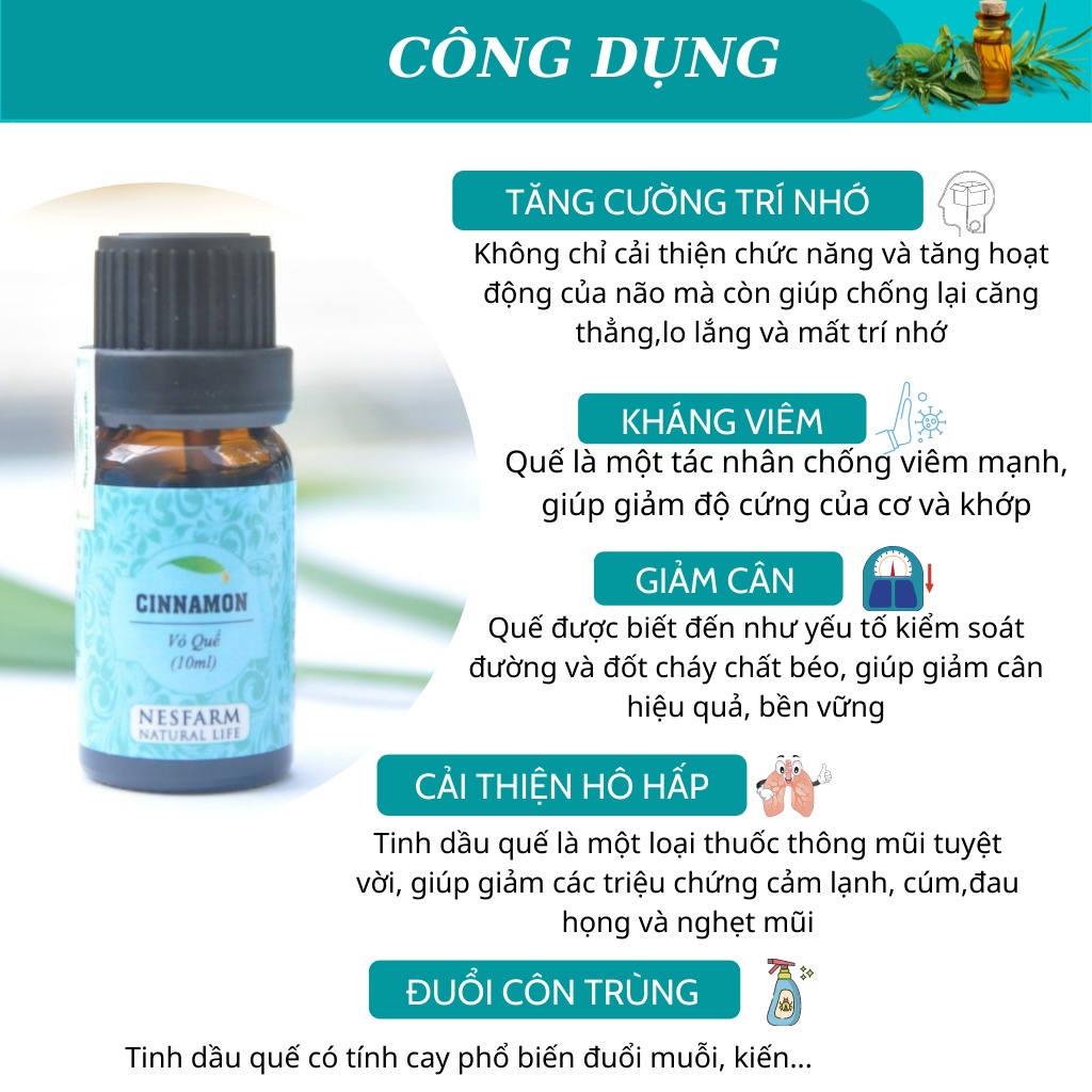 Tinh dầu thơm phòng thiên nhiên đuổi muỗi hương quế cao cấp Nesfarm 10ml TQ10