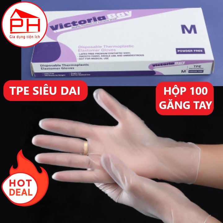 Hộp 100 Găng tay cao su VictoriaBay làm bếp vệ sinh siêu dai chất liệu TPE không mùi (SIZE : L-M-S) - Gia dụng Phước Hòa