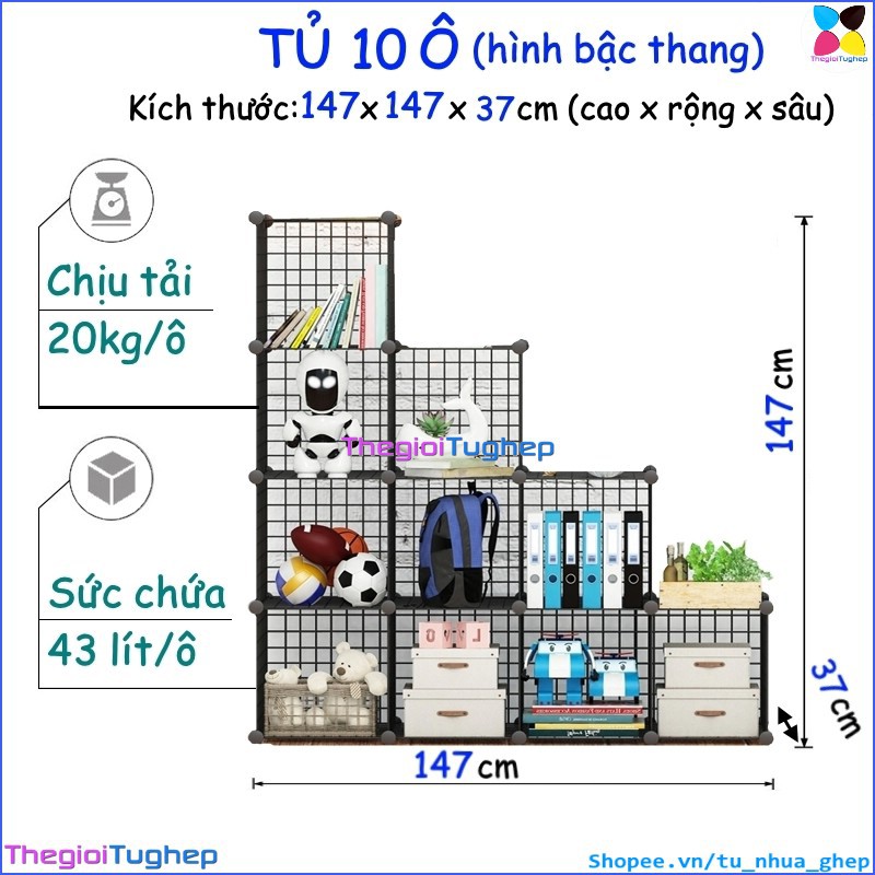 Tủ lưới sắt lắp ghép đa năng hiện đại để sách, đồ dùng trang trí phòng làm việc 10 ô hình bậc thang