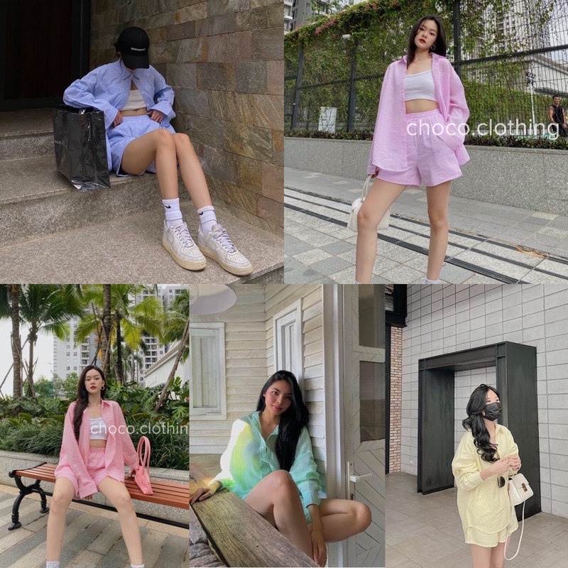 (Hàng Có Sẵn) Set Somi Năng Động Cá Tính Trendy Tay Dài Gồm Áo Somi Sọc Tay Dài Và Quần Short Sọc