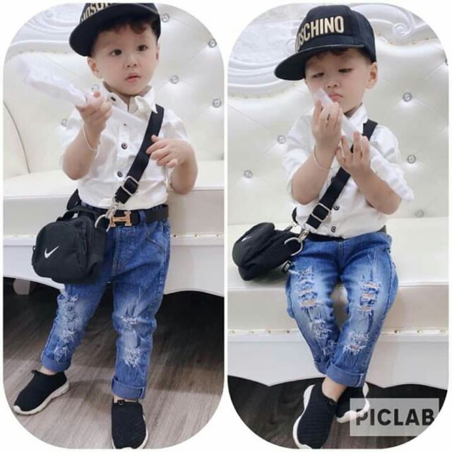 Sét quần jaen  áo somi trắng tay ngắn kèm thắt lưng