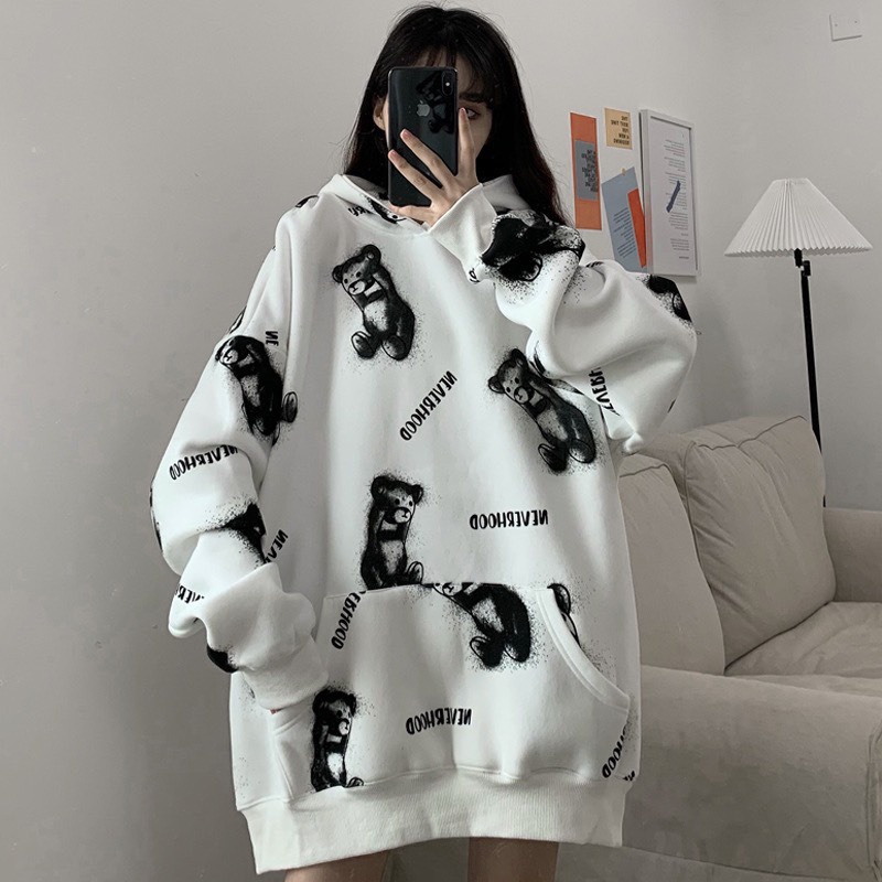 Áo Hoodie Nỉ Gấu NEVERHOOD 🦋 Áo Nỉ Ngoại Túi Trước In Hình Dáng Rộng 3 Màu 🦋