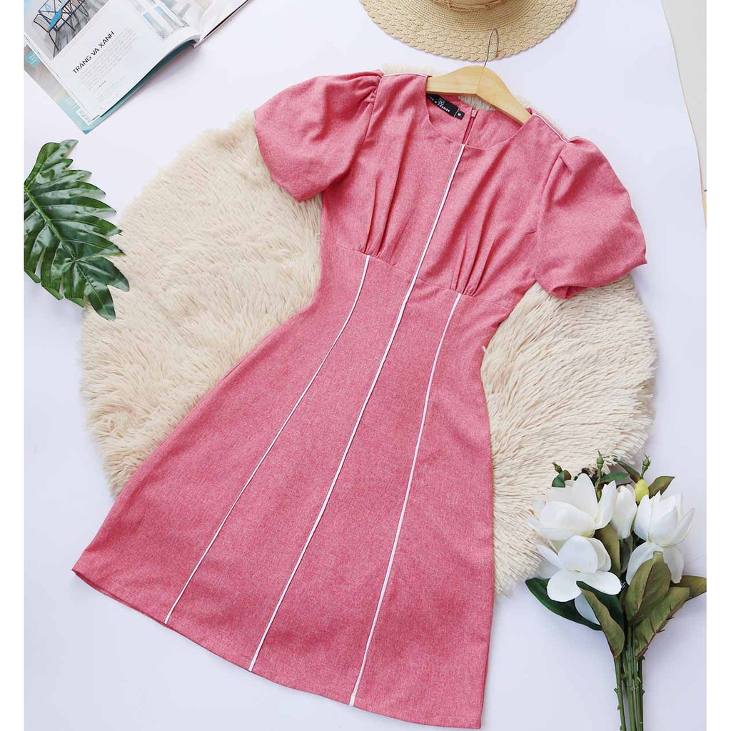 Đầm công sở nữ hồng thiết kế chữ a thanh lịch tay ngắn thoải mái viền trắng giúp thon cao thời trang công sở | BigBuy360 - bigbuy360.vn