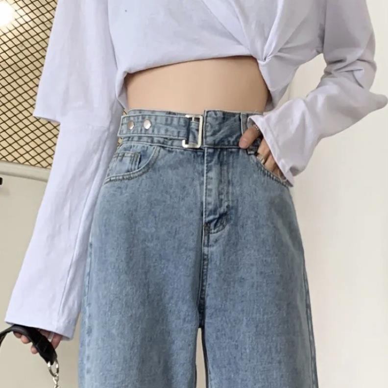 Quần baggy jean ống rộng suông dài nút chỉnh eo