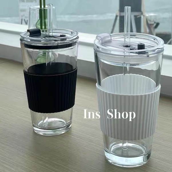 Cốc ly thuỷ tinh cao 450ml có nắp kèm ống hút màu hổ phách, ly thuỷ tinh bọc silicone sang trọng N02 K-House Smart
