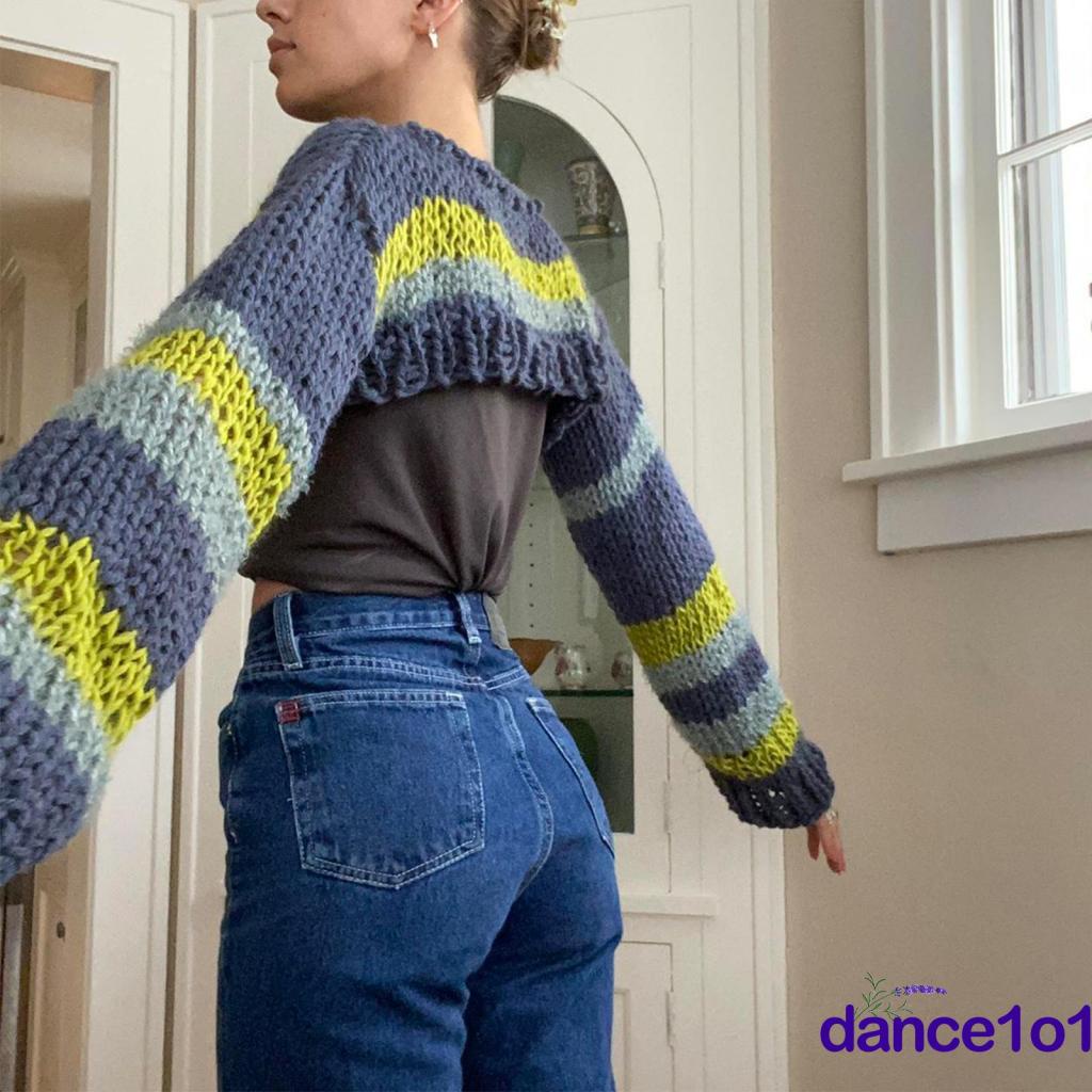 Áo Dệt Kim Tay Dài Họa Tiết Kẻ Sọc Màu Tương Phản Thời Trang Cho Nữ 1O1-