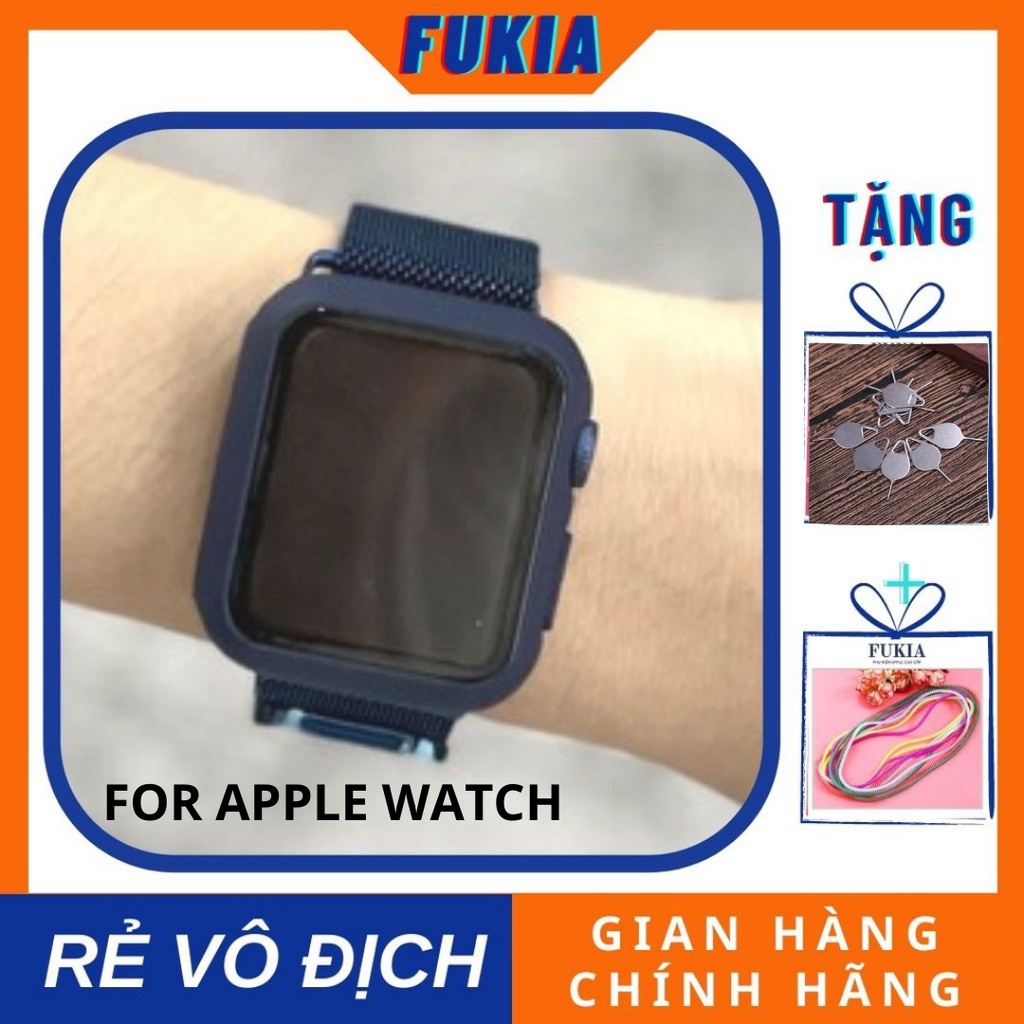 Dây thép milan xanh navy và ốp liền kính cường lực dành cho Apple Watch Series 1/2/3/4/5/6/SE size 38/40/42/44mm