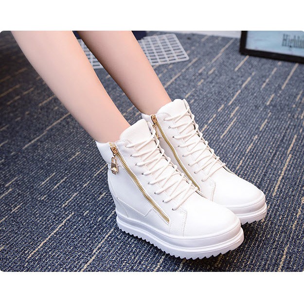 Boot da nữ cổ cao cá tính, giày vừa cột dây vừa khóa kéo, đế cao 6cm B042T | BigBuy360 - bigbuy360.vn