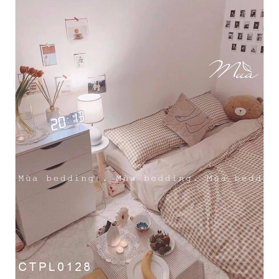 Bộ chăn ga và vỏ gối cotton poly Mùa Decor - Mẫu kẻ caro nâu beige | BigBuy360 - bigbuy360.vn