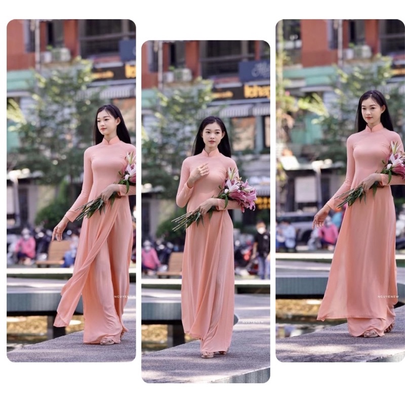 Áo dài hồng cam truyền thống Chaang May sẵn vải áo dài lụa Mỹ cao cấp cổ sen tay dài dự tiệc cưới lễ chùa tết đẹp ADC689