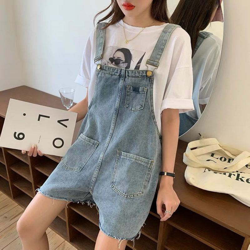 Yếm jean nữ kiểu quần short chất denim có túi rộng thời trang hàn dành cho nữ hai màu