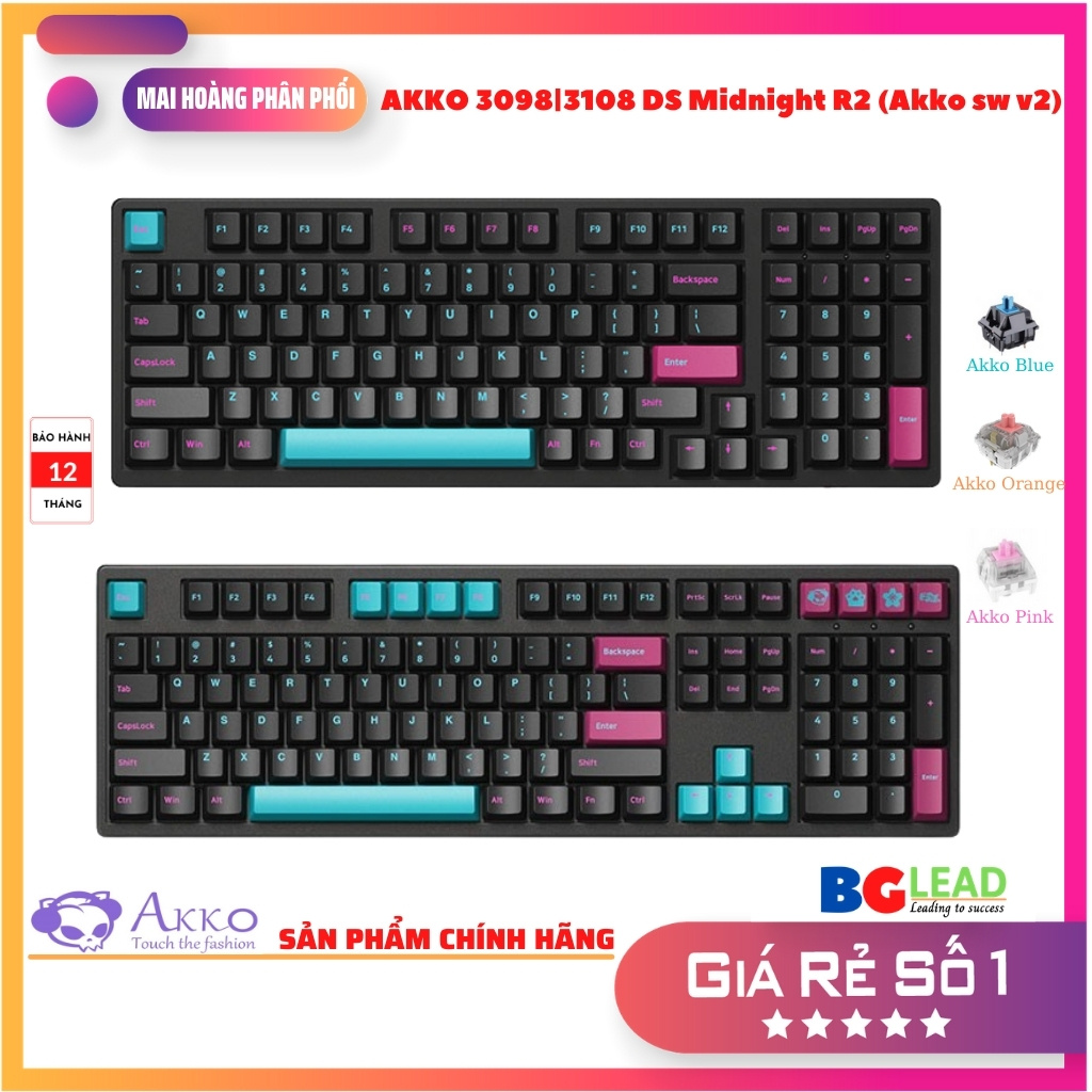 Bàn phím cơ AKKO 3098|3108 DS Midnight R2 (Akko sw v2) - Phiên bản mới - Mai Hoàng nhập khẩu và phân phối toàn quốc