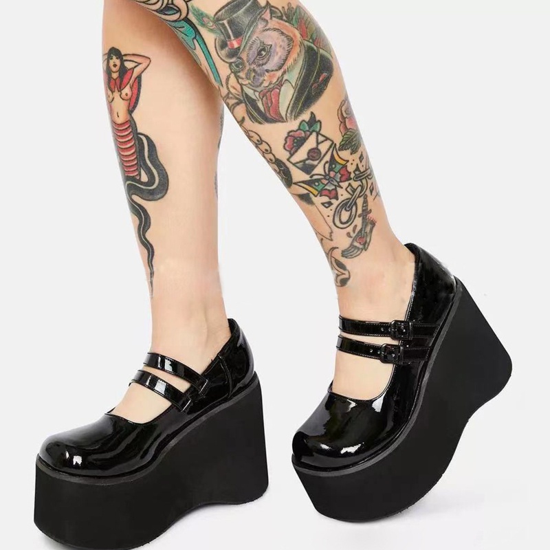 Đôi giày Mary Janes đế xuồng chất liệu da pu nhân tạo phong cách lolita dễ thương cho nữ