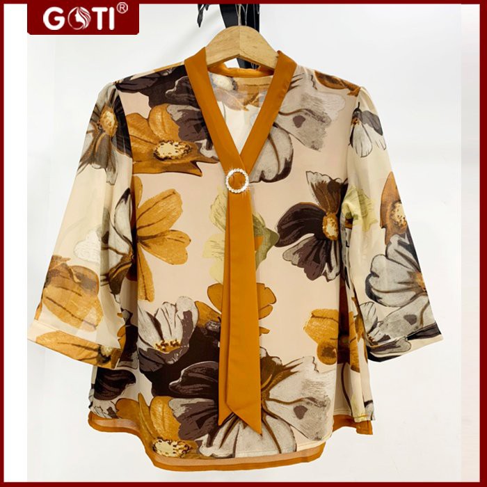 GOTI - Áo Trung Niên Nữ Cao Cấp Vải Voan Cổ Cột Nơ, Tay Lỡ Cho Mẹ 3A20