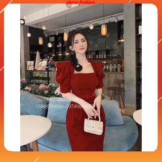 Váy nhung đỏ cổ vuông tay bồng