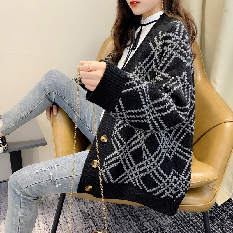 Áo khoác len cardigan len họa tiết ô chéo 3 màu đen, trắng, xám thời trang phong cách Hàn Quốc