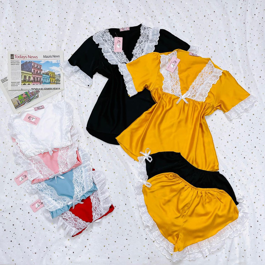 Bộ ngủ pijama tay ngắn - Đồ Bộ Áo Quần Ngắn Tay Cổ Phối Ren Nữ Tính [D30] | BigBuy360 - bigbuy360.vn