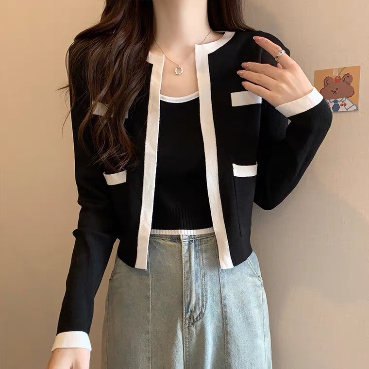 Set Bộ Len Mongtoghi 2 Món Áo Ba Lỗ Và Áo Khoác Viền Dài Tay Cổ Tròn Có Túi Phong Cách Hàn Quốc Ailee AO NU 007