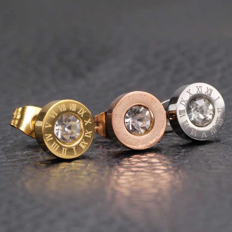 Bông Tai Số La Mã Đính Đá Bằng Thép Không Gỉ Chất Lượng Cao Cho Nữ