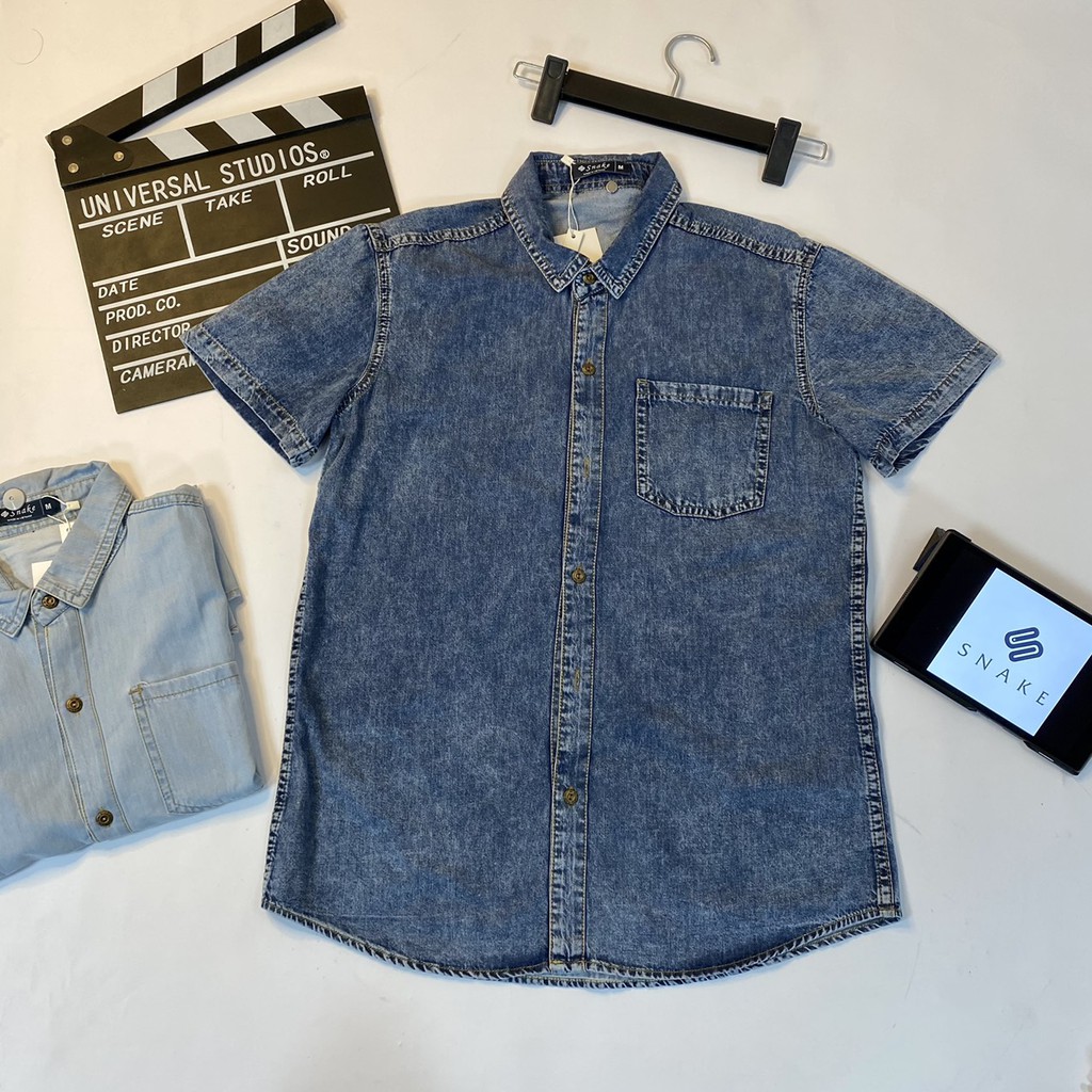 [Siêu Sale] Áo Sơ Mi Nam Jean Cộc Tay Cổ Đức Chất Mịn Mát Vải Dày Mềm Co Giãn Tốt Size 60-85kg | BigBuy360 - bigbuy360.vn