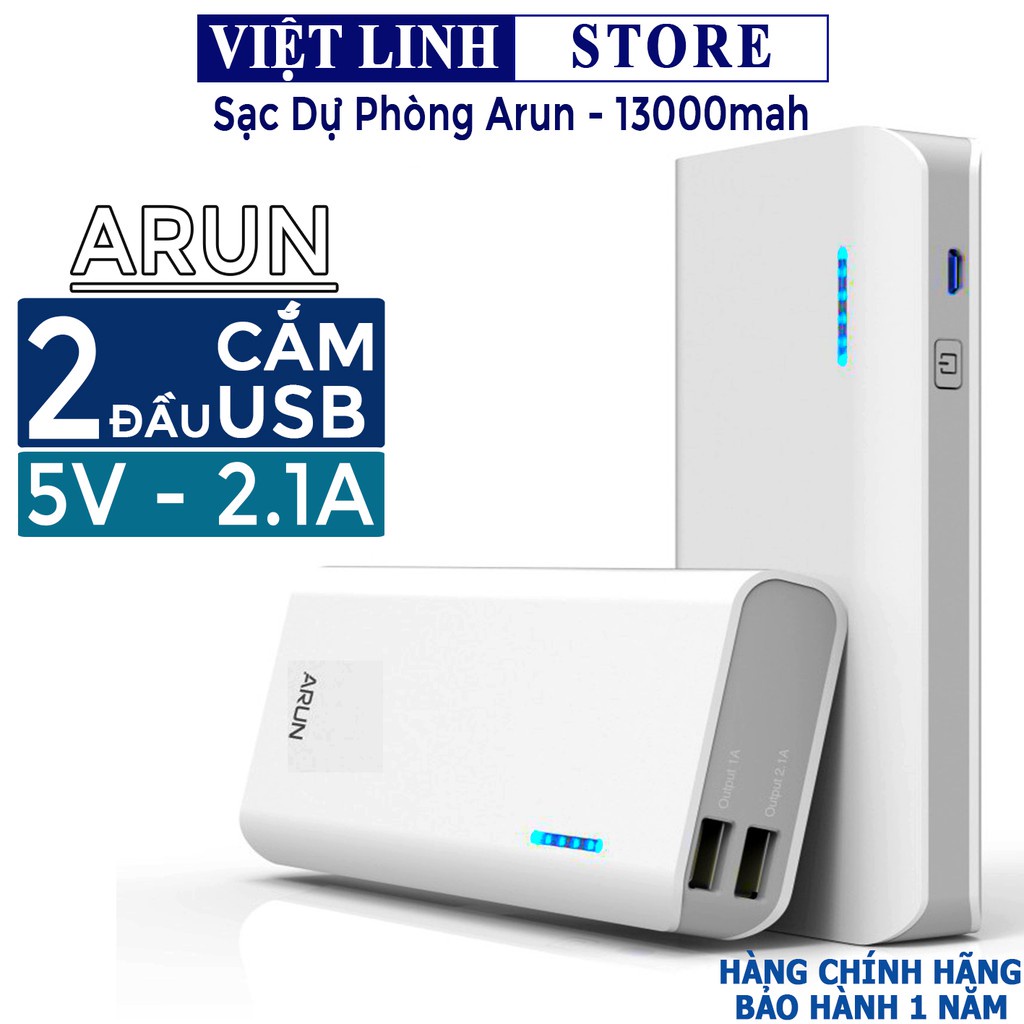 Sạc Dự Phòng Arun 13000mah, 2 đầu USB sạc nhanh, có đèn Led, sạc đa năng tiện lợi - cam kết bảo hành 1 năm