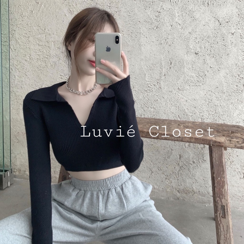 Áo croptop hở lưng cổ v bẻ thắt nơ sau tay dài - Luvie