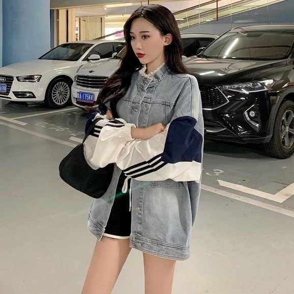 Áo khoác nữ Ullzang jean tay áo ráp lăng thể thao ẢNH THẬT CUỐI J0107