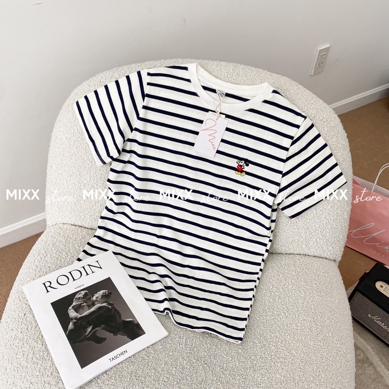 Áo Thun Nữ Sọc Thêu hình mickey nhỏ xinh xắn thun mịn cao cấp thoáng mát phom suông rộng sà