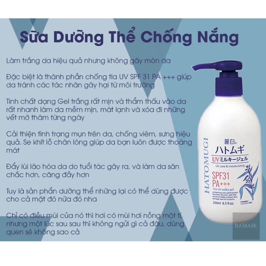 Sữa dưỡng thể hatomugi, dưỡng thể trắng da, chống nắng dưỡng ẩm hạt ý dĩ Naturie Nhật Bản