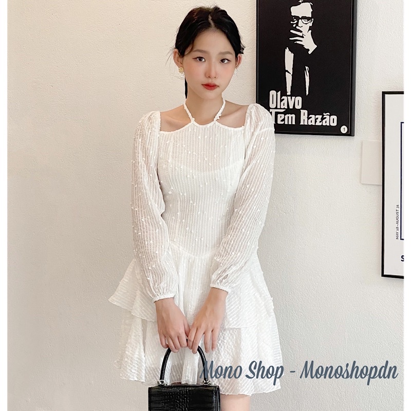 Đầm cổ yếm voan ren hạt tiểu thư dài tay 2 tầng tay bồng Ảnh thật/ sẵn | BigBuy360 - bigbuy360.vn