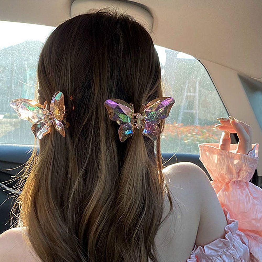 ღOKDEALSღ Sweet Butterfly Hair Claws Acrylic Hair Clip Laser Colorful Hairpin Women Accessories Headwear Summer Transparent Grabs/Multicolor