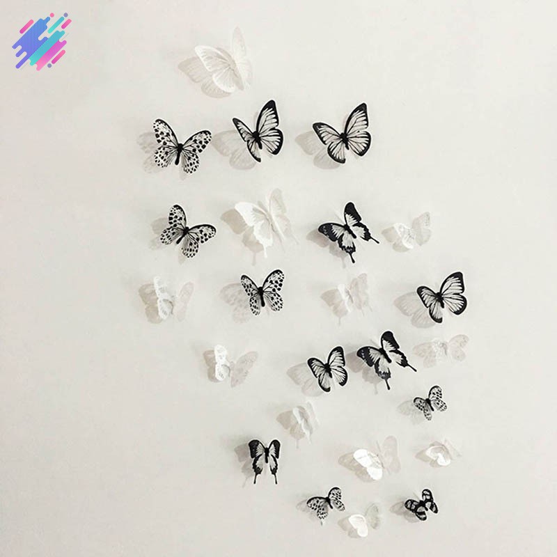 Bộ 18 miếng decal dán tường trang trí hình bướm trắng đen 3D
