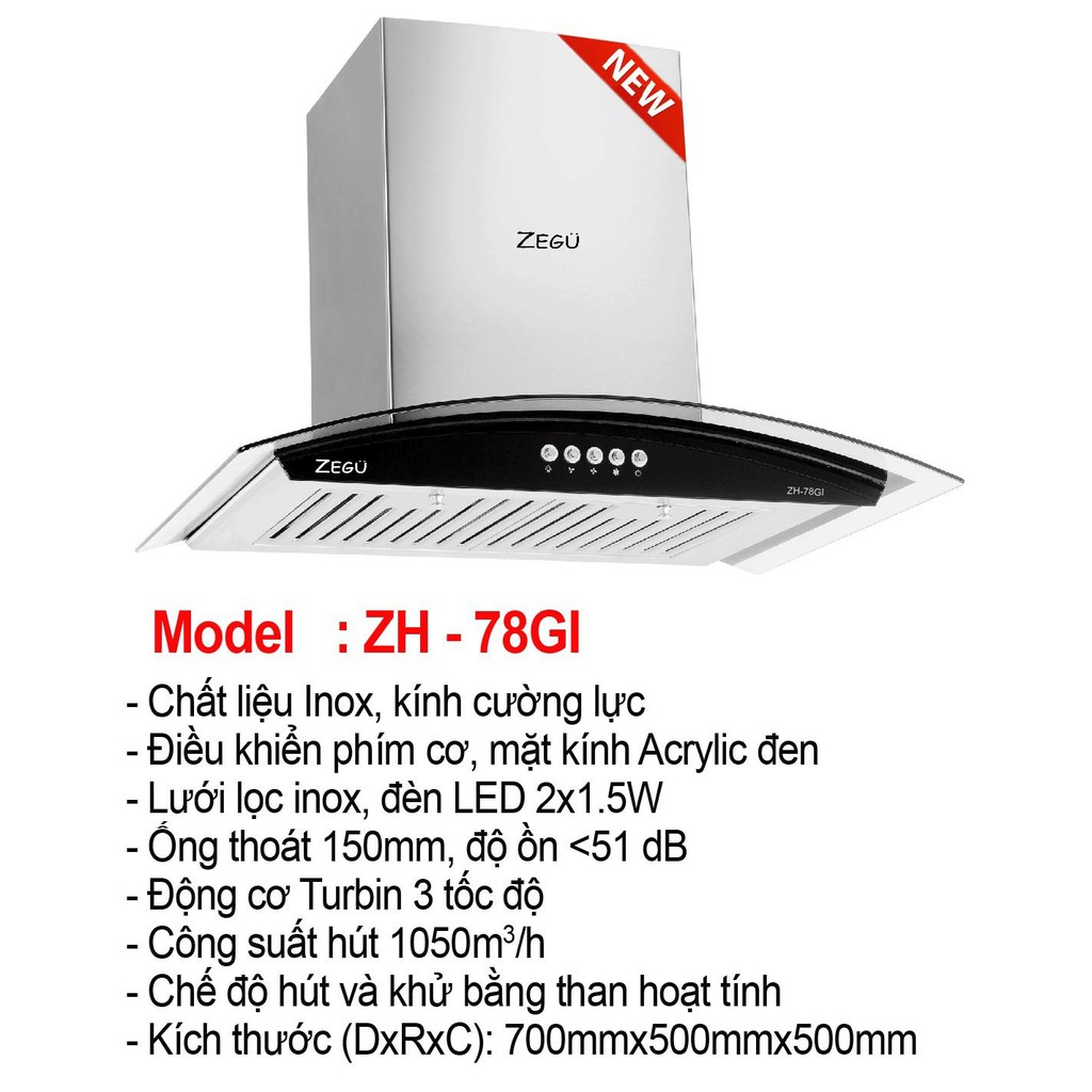 Máy hút mùi dạng kính cong 70cm Zegu ZH 78GI