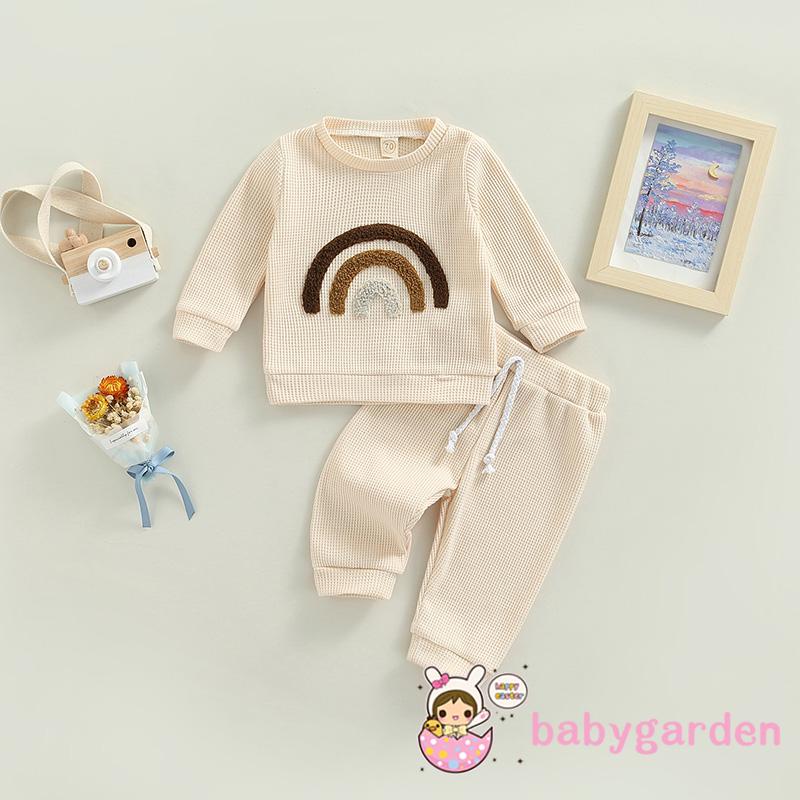 Bộ Áo Thun Tay Dài Cổ Tròn + Quần Dài Họa Tiết Cầu Vồng Dành Cho Bé 0-24 Tháng Tuổi
