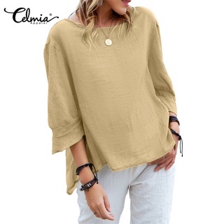 Áo kiểu CELMIA chất liệu cotton tay dài 3/4 cổ tròn dáng rộng thời trang cho nữ
