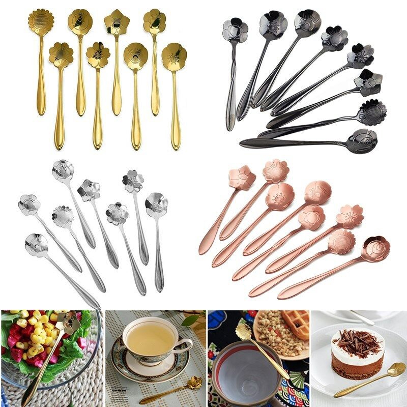 Bộ 8 Muỗng Cà Phê Bằng Thép Không Gỉ Thiết Kế Hình Hoa Anh Đào Sáng Tạo