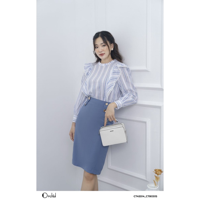 Áo sơ mi nữ dài tay kẻ xanh, Cổ tròn viền bèo cánh tiên - Vải thô cao cấp - Orchid CT4S514