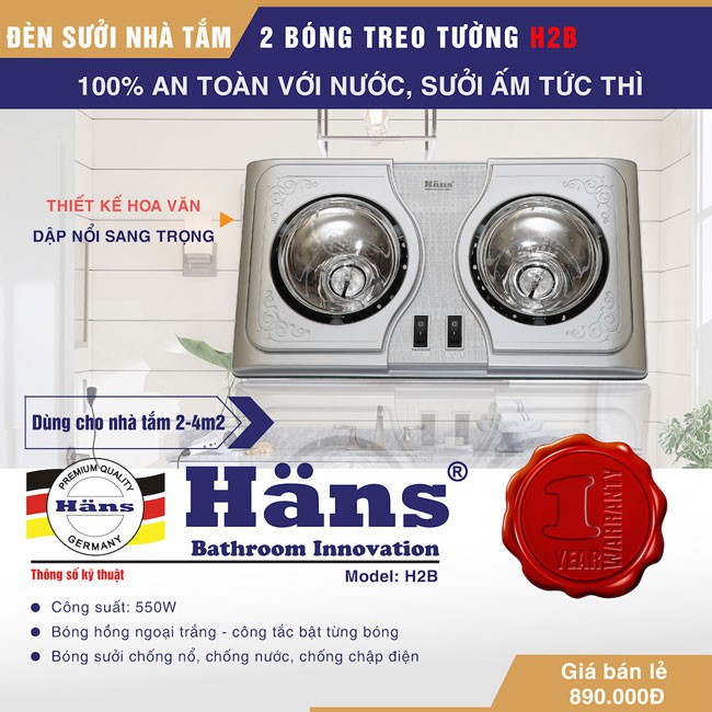 Đèn sưởi nhà tắm 2 bóng Hans H2B bảo hành chính hãng 12 tháng