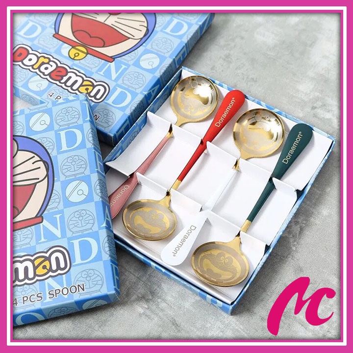 Set 4 Thìa Inox Mạ Vàng Cán Dài Khắc Hình Doraemon Dễ thương Kèm Hộp Sang Trọng_MC888