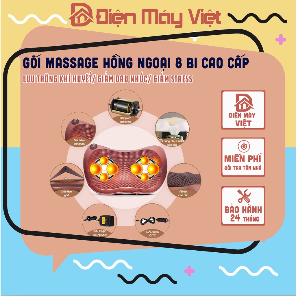 [Hàng Chính Hãng] Gối Massage Hồng Ngoại 8 Bi Cao Cấp, Gối Matxa Hồng Ngoại 8 Bi Cao Cấp- Bảo hành 12 tháng