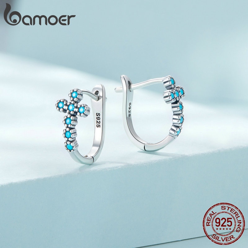 Bông tai BAMOER bạc 925 hình chữ thập/mặt trời thời trang cho nữ