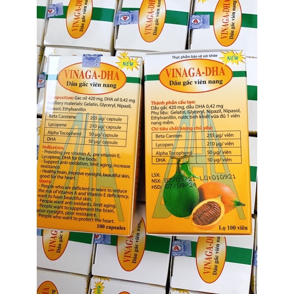 Dầu gấc Vinaga DHA - Sáng mắt, đẹp da, chống oxy hóa. Giúp trẻ ăn ngon, chóng lớn (Hộp 100 viên nang)