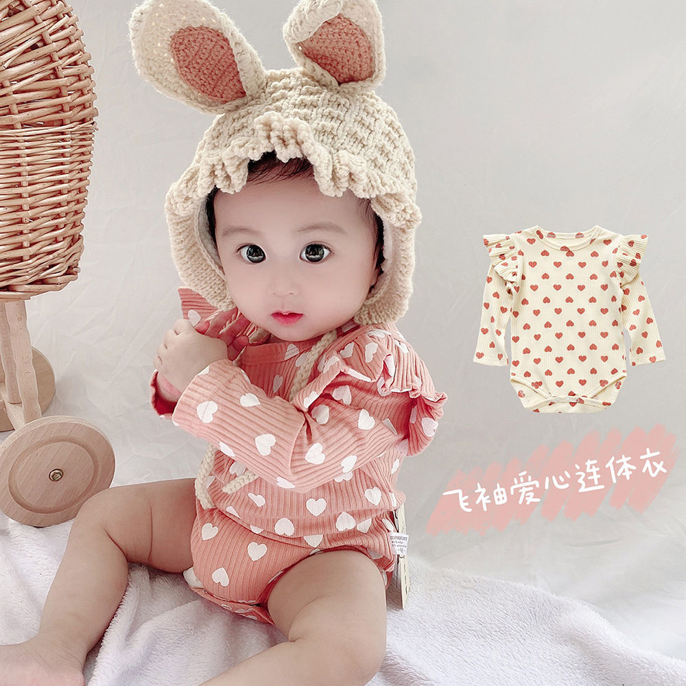 Áo liền quần cotton tay dài phong cách mùa thu họa tiết in hình trái tim đáng yêu cho bé gái