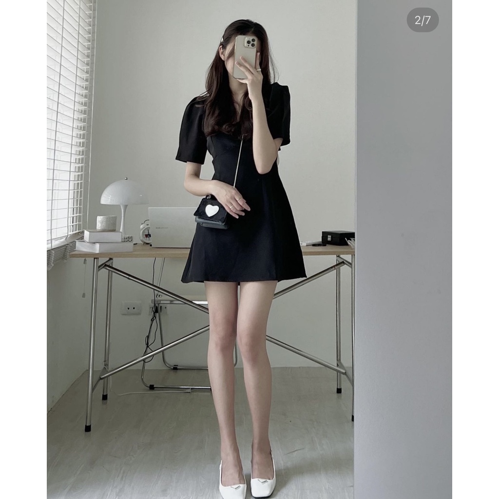 Váy cổ vuông tay bồng thắt nơ lưng cực xinh