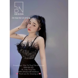 Set áo 2 dây cúp ngực ren đính hoa lông vũ chân váy body