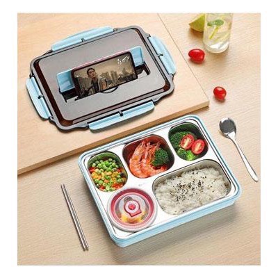 Hộp Cơm Văn Phòng Inox Bọc Nhựa 5 Ngăn Chịu Nhiệt Lò Vi Sóng Gọn Nhẹ Cao Cấp Kèm Bộ Thìa Đũa Inox