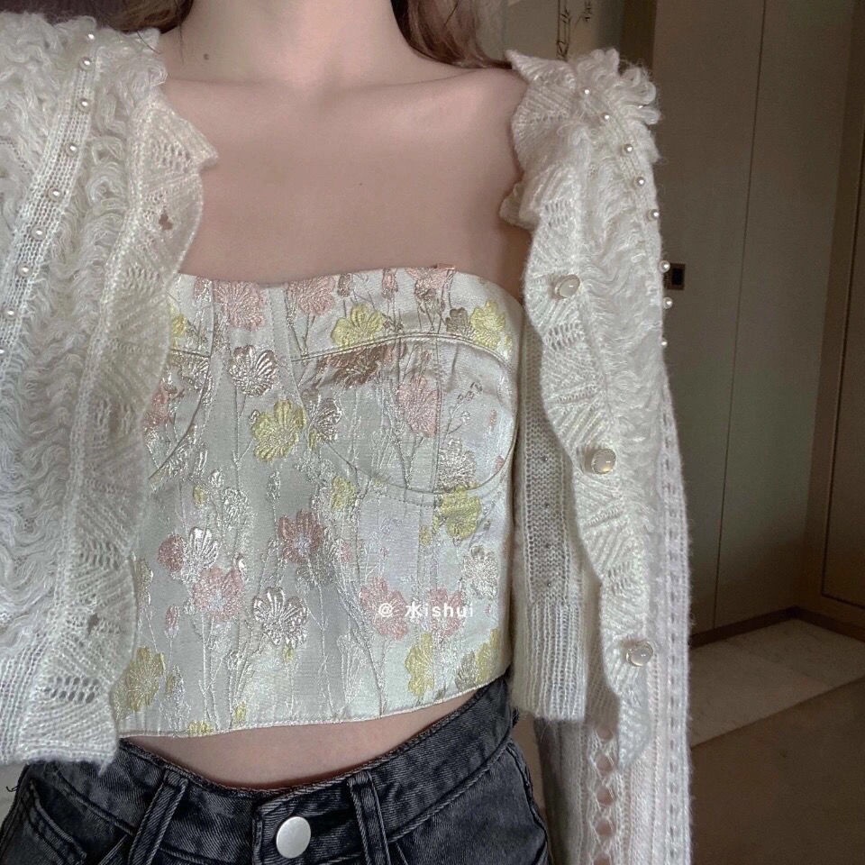 Áo Khoác Cardigan Dệt Kim Khoét Lỗ Đính Hạt Ngọc Trai Phong Cách Hàn Quốc Cổ Điển Thời Trang 2022 Mới Cho Nữ