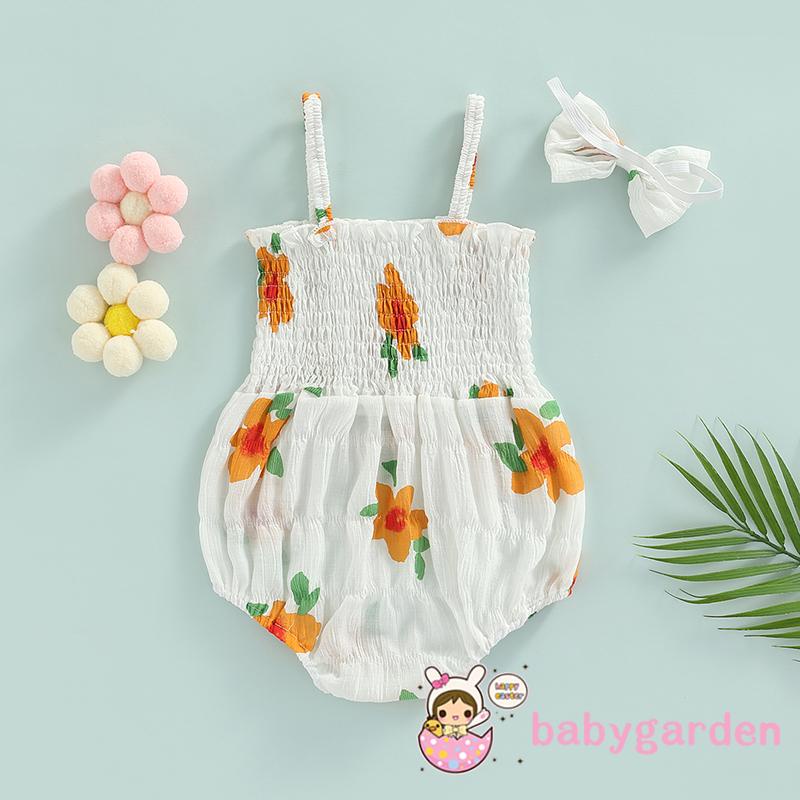 Bộ Áo Liền Quần Hai Dây + Băng Đô Co Giãn In Họa Tiết Hoa Cho Bé Gái 0-24 Tháng Tuổi