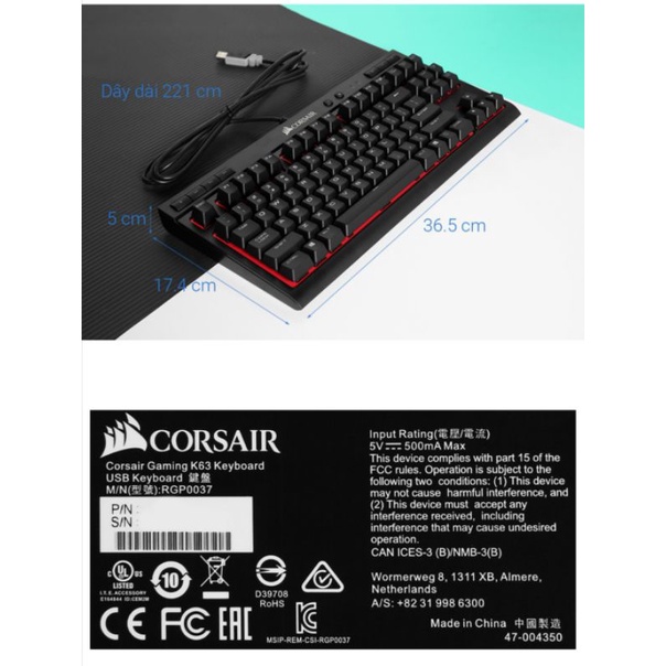 Bàn Phím Cơ Có Dây Gaming Corsair K63 Compact Mechanical Đen hàng chính hãng