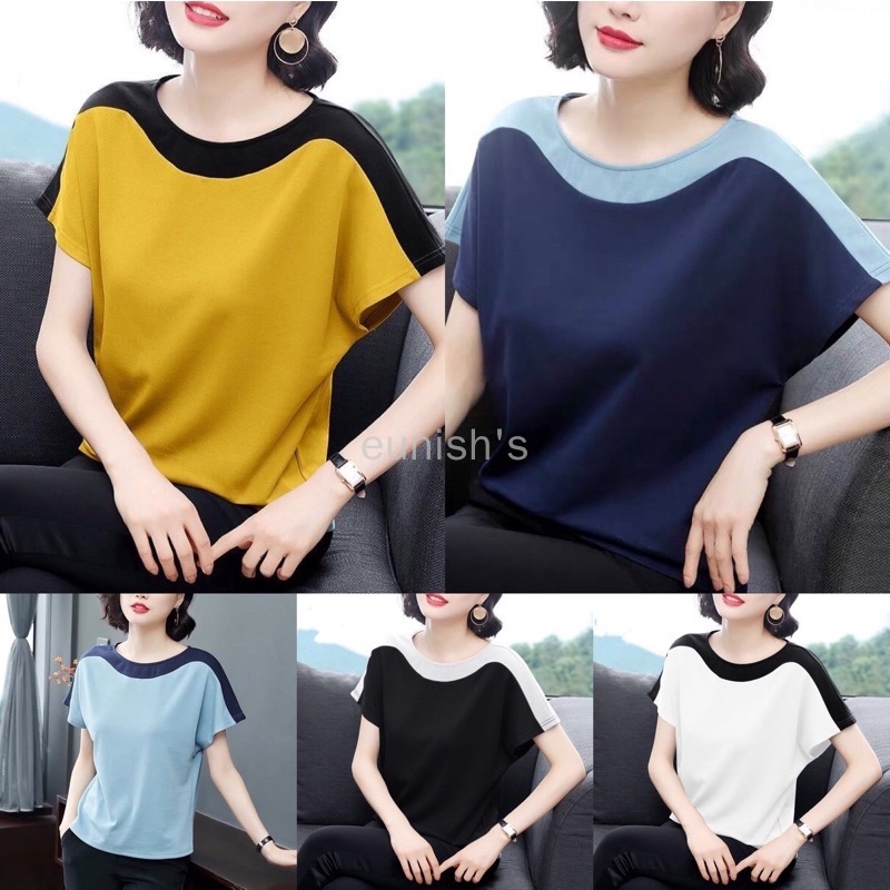 Áo Sơ Mi Tay Ngắn Cổ Tròn Màu Sắc Tương Phản Có Size Lớn Dành Cho Nữ